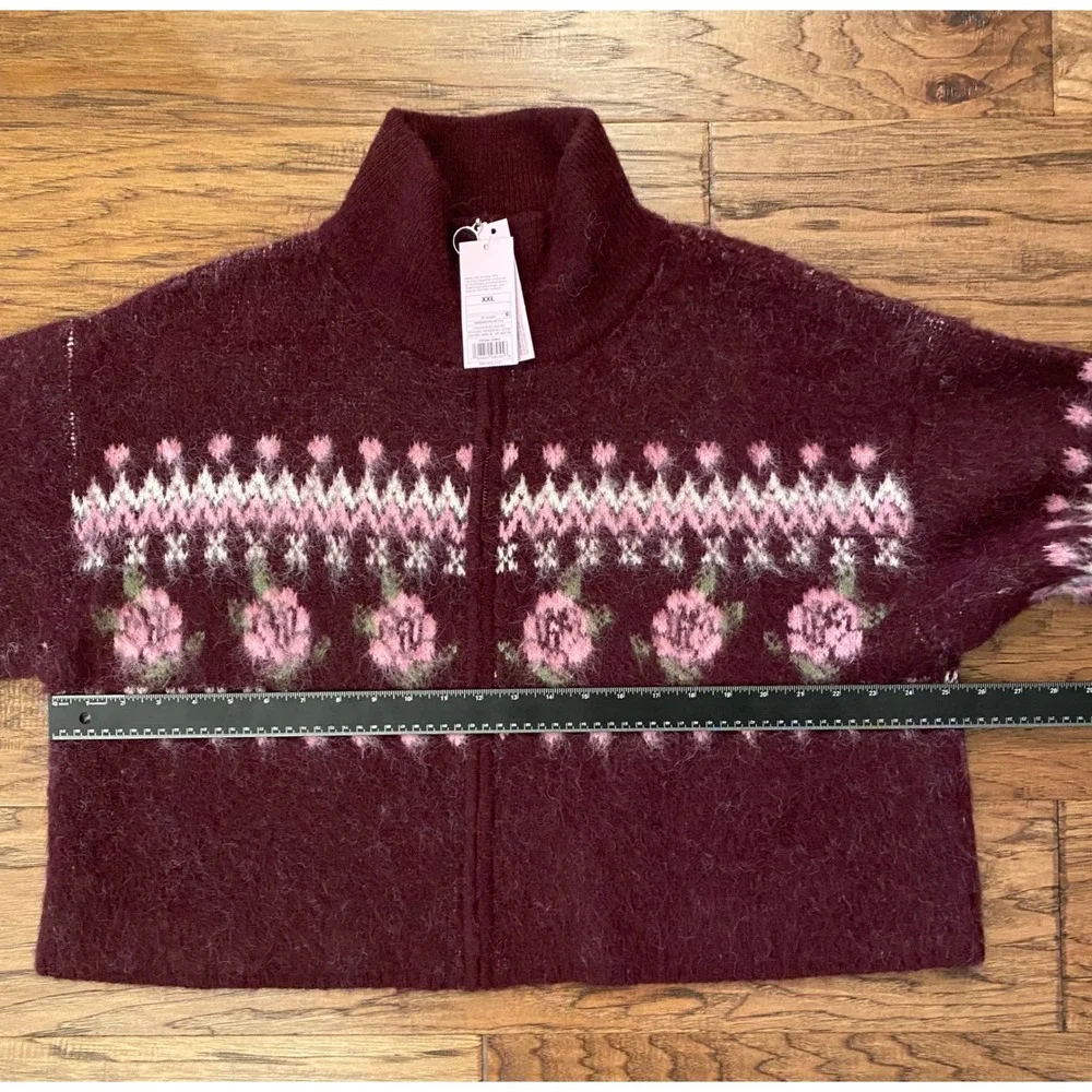 Wild Fable Burgundy Floral Fair Isle Zip Up Mock Neck Sweater XXL NWT